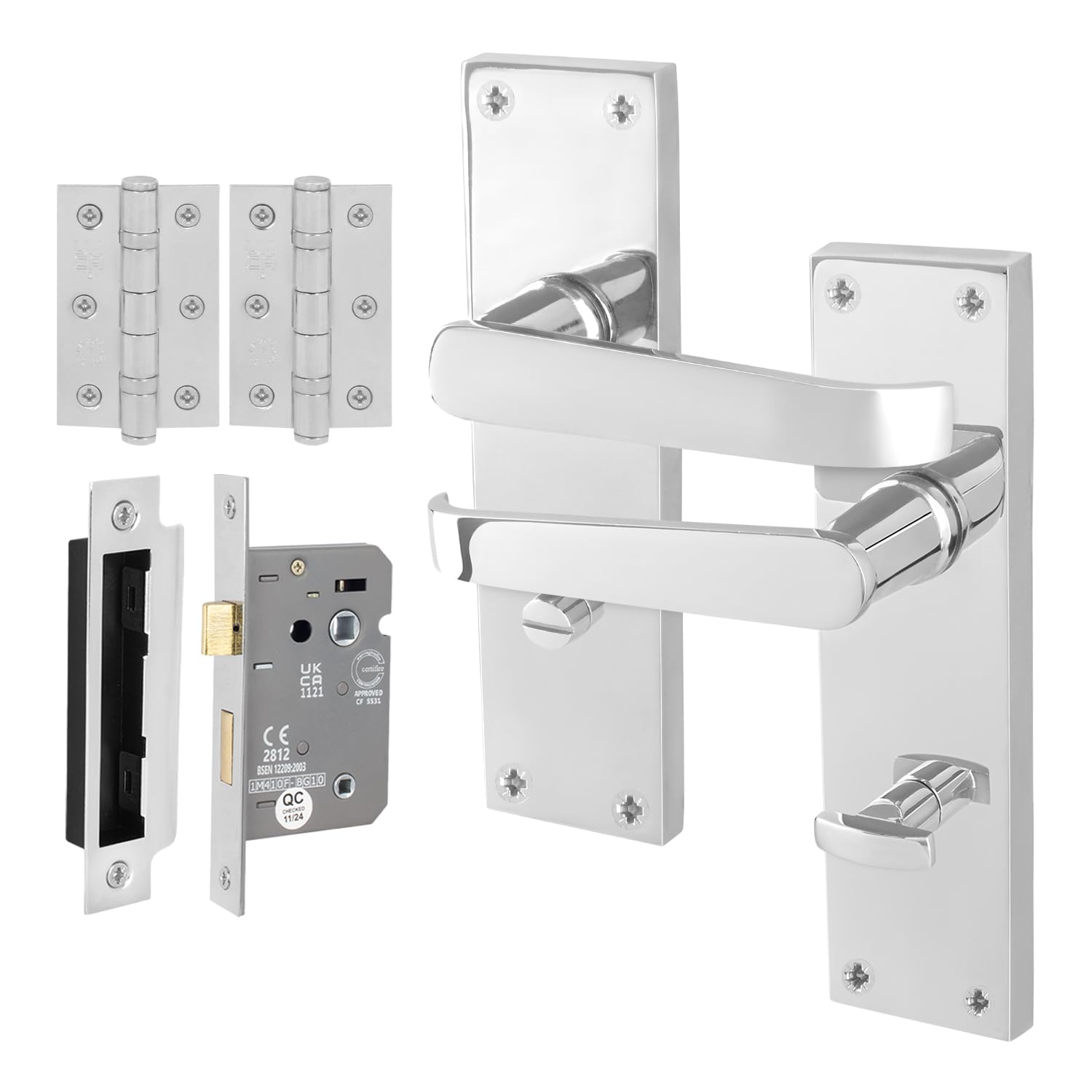 Eai Polished Chrome Chrome Victorian Door Handles, 1 Pair Internal Straight Bathroom Handles On Backplate Hinges, Lock 64Mm