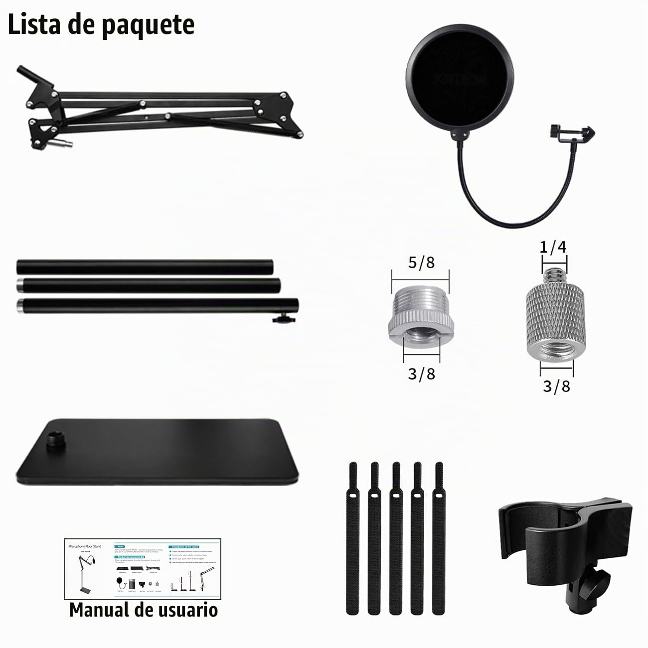 Pie de Micrófono con Brazo Articulado, Filtro Pop y Base de 3 kg | para Blue Yeti, HyperX Quadcast Solocast, Elgato Wave, SM7B, Fifine K688 K669B con Tornillos de 5/8" y 1/4"