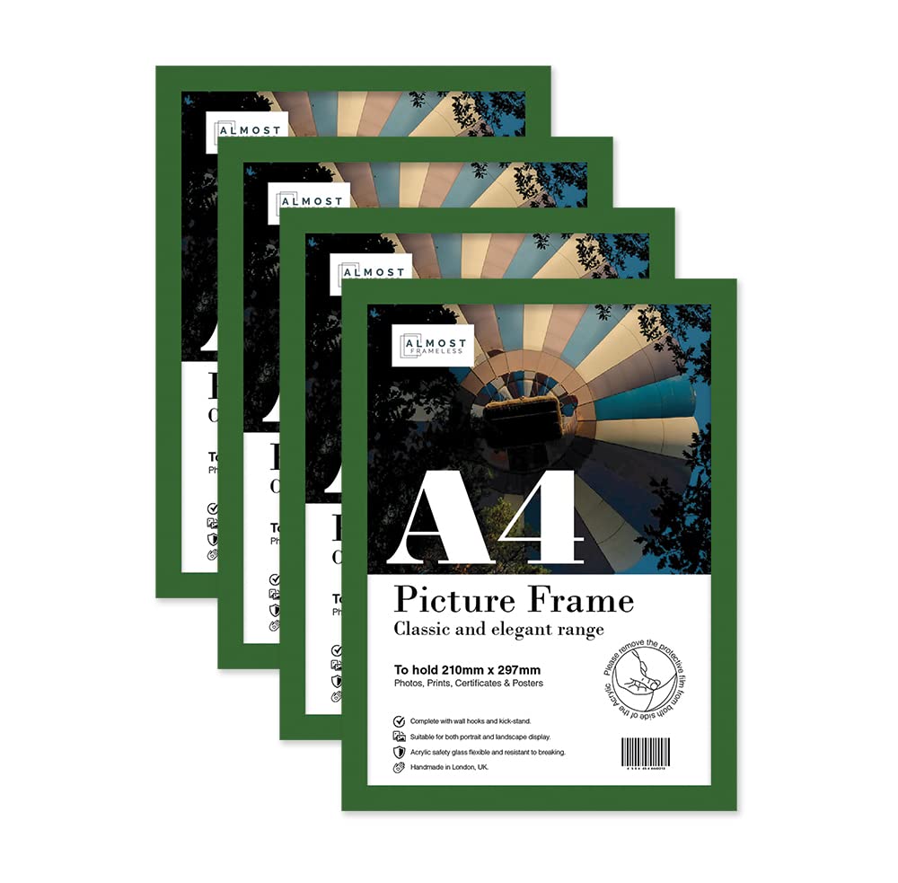 Almost Frameless A4 Green Picture Frame Set of 4, Display A4 Picture Gallery Wall, Poster, Photo, Artwork, or Print, Green