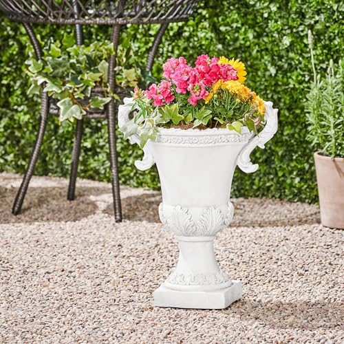 Christopher Knight Home Jorine Patio Planter, Light Concrete Planter, Mid-Centry Gadern Urn, Floral Relif Design, Large Garden Pot, Flower Urn with Drainage Hole for Backyard Home, Antique White