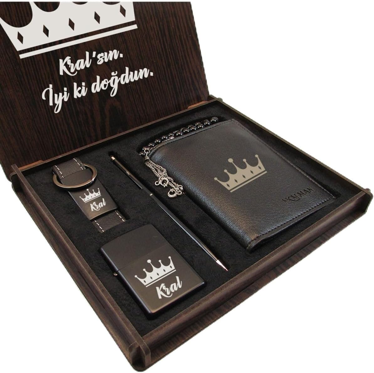 SODEF Personalized Men's Gift Set, Wooden Box with Wallet, Pen, Keychain, and Lighter, Custom Engraved Design, Unique Present for Him, Black Color, One Size - Black, One Size