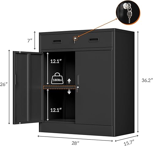 Miniatura 3 de CJF Gabinete de almacenamiento de metal, armario de almacenamiento con bloqueo con puertas y 1 cajón, 36 pulgadas de alto x 28 pulgadas de ancho x