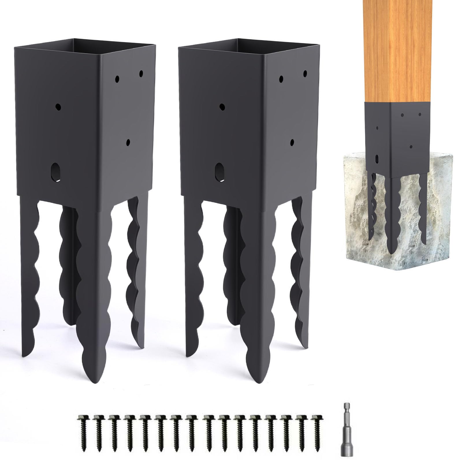 Soporte de base de poste de 4 x 4, 2 piezas (real de 3.6 x 3.6 pulgadas), anclaje de poste de hormigón 4x4, estaca de poste con recubrimiento en polvo negro para pérgola, cubierta, valla, buzón, etc.