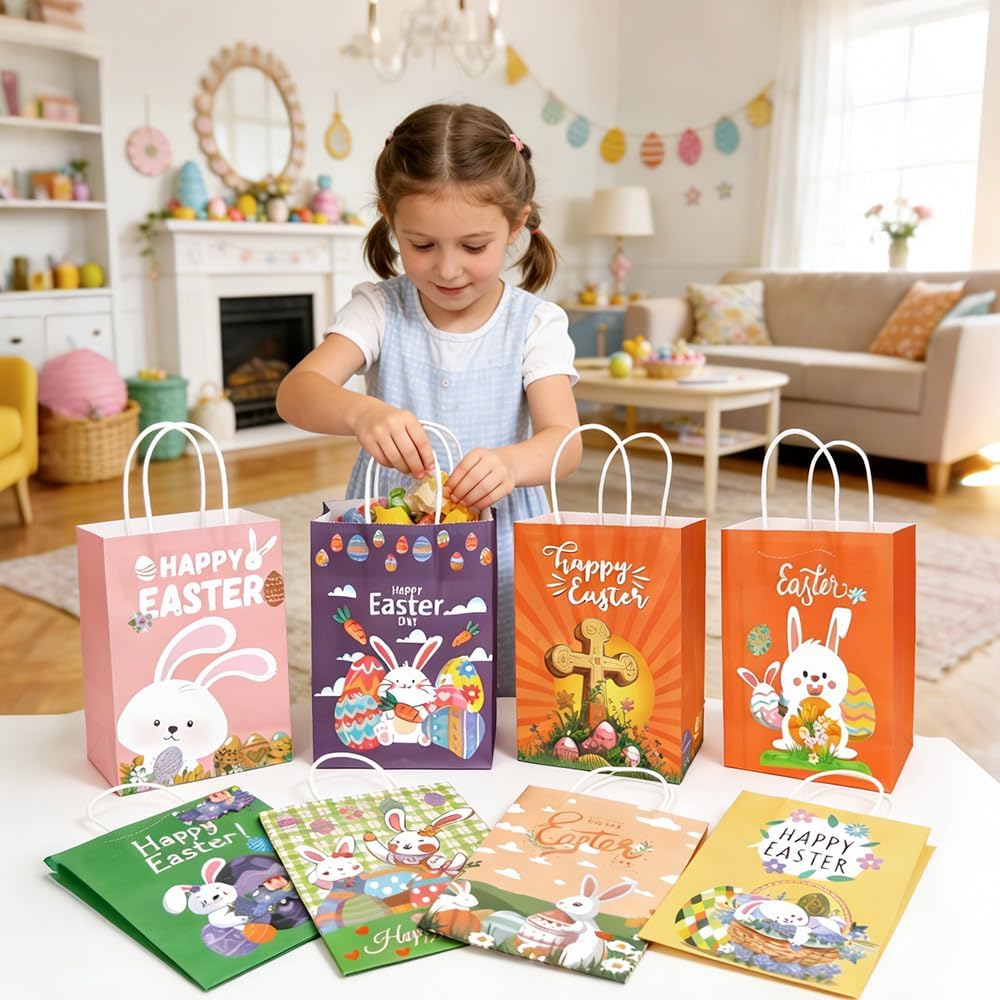 Easter Gift Bags, 8 PCS Easter Paper Bags with Handles, Happy Easter Treat Goodie Candy Bags Easter Egg Bunny Chick Decorative Party Favor Bags for Easter Holiday Party Favor Supplies Gift Wrapping image 5