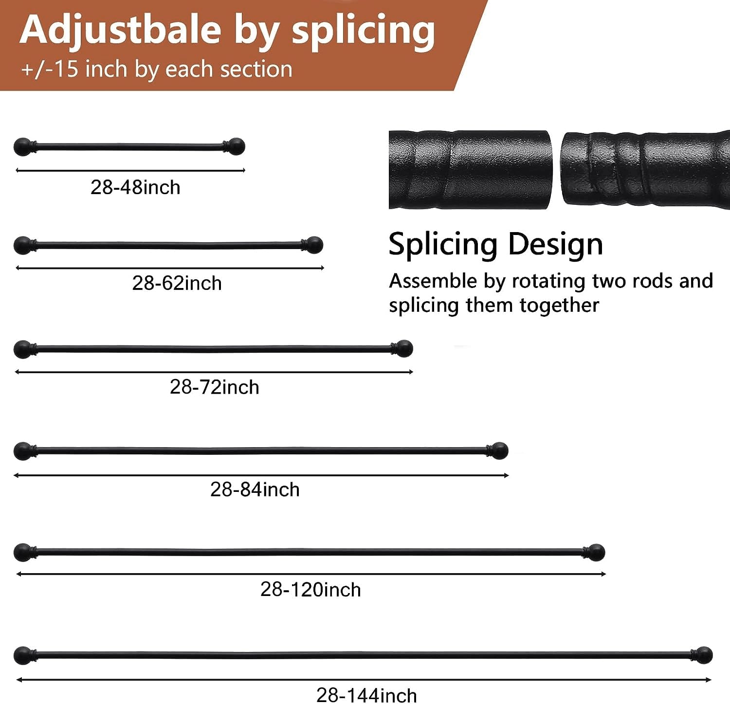Bastone per Tenda, 76-198 CM Aste per Tende per Finestra con Pomelli a Cappuccio con Staffe Set, Bastone per Tende Regolabile in Acciaio Inossidabile di Diametro 16 mm per Camera da Letto/Nero Opaco