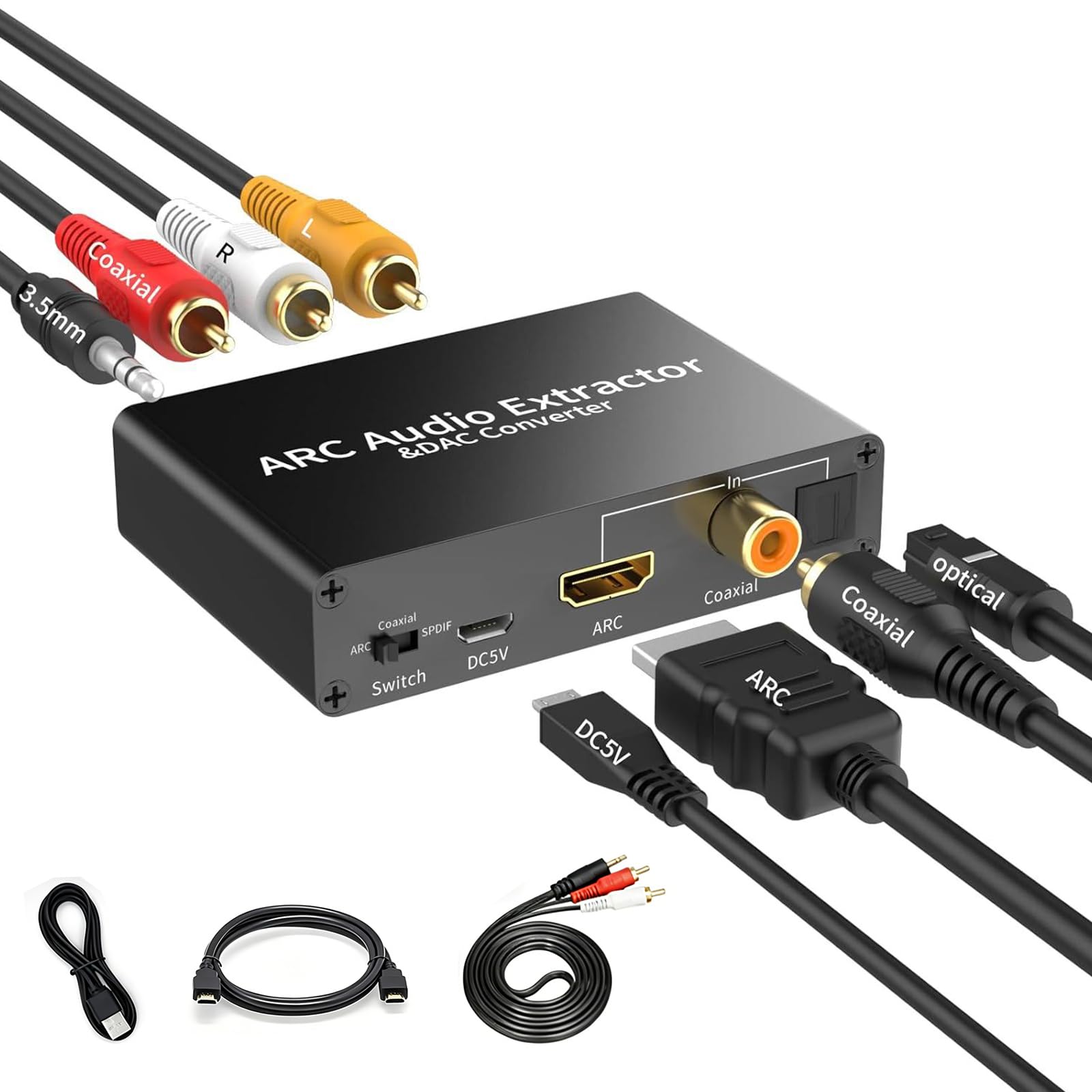 Extractor de Audio Multifuncional HDMI ARC, HDMI ARC, Fibra Optica, Concéntrica, 3 Métodos de Entrada Conectados, adecuado para Amplificadores, Auriculares, Sistemas de Cine en Casa, etc.