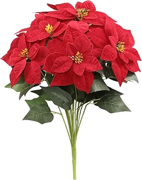 2pcs Poinsettia Artificial Flowers Red 14 Heads Silk Poinsettia Bouquets Christmas Flowers Artificial for Home Garden Indoor Outdoor Xmas Decor