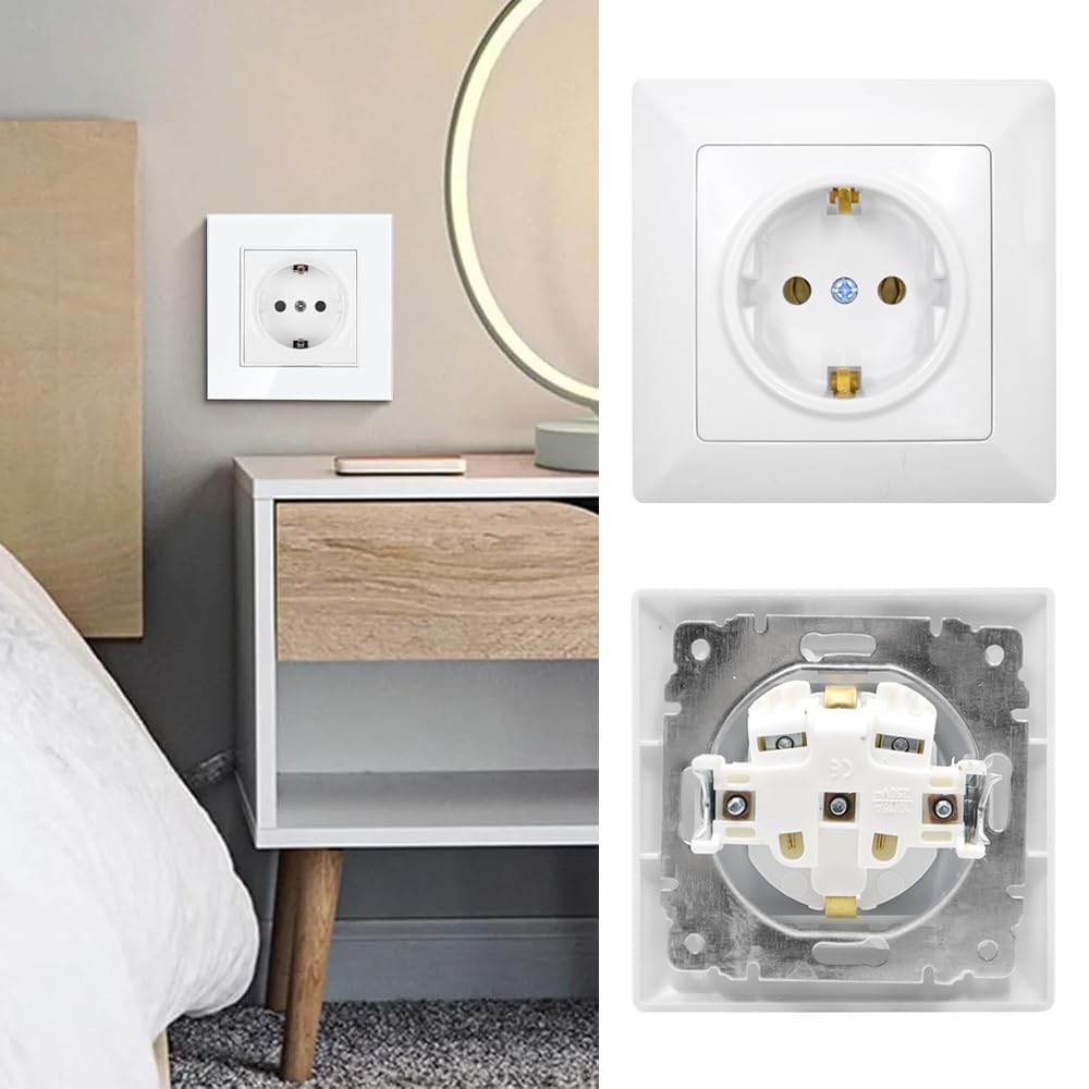 8 Piezas Enchufe de Empotrado Blanco Enchufes de Pared Schuko 16A 250V Enchufes Empotrables Estándar UE para Uso en Interiores (82 mm x 82 mm)