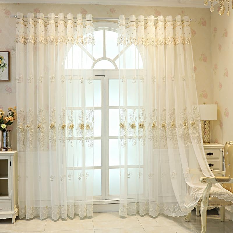 KEKUYA Cortinas Salon 2 Piezas 132x213cm Cortina para Ventana Dormitorio Translúcidas Visillos Paneles con Ojales de Salon Habitacion Modernas,Bordado de Perlas