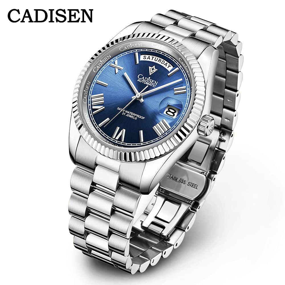 CADISEN Reloj automático para Hombre con Reserva de Marcha automática, Cristal de Zafiro, Resistente al Agua, Correa de Acero Inoxidable.