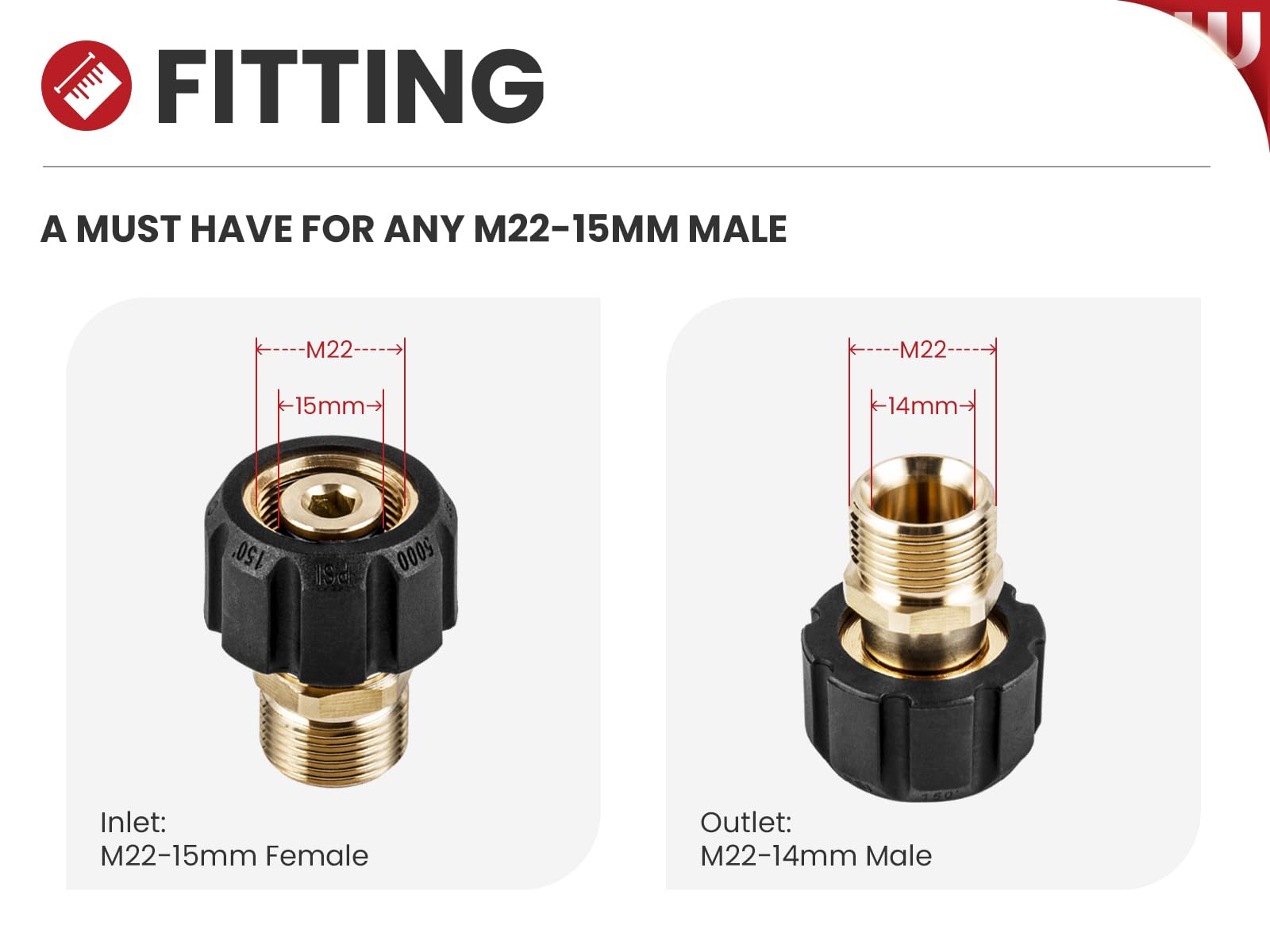 WOJET Adattatore per idropulitrice, filettatura femmina M22 da 15 mm a M22 maschio da 14 mm, accoppiatore per tubo flessibile per idropulitrice da 5000 PSI, collega M22 14 mm a rondella elettrica o