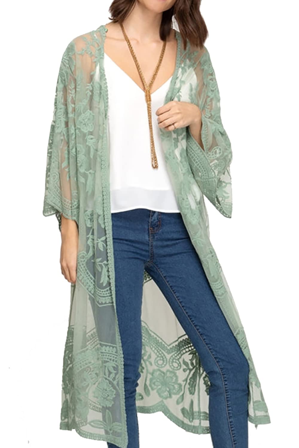 YouKD Cárdigan largo de encaje para mujer, estilo vestido o kimono, para llevarlo a la playa con el bañador debajo