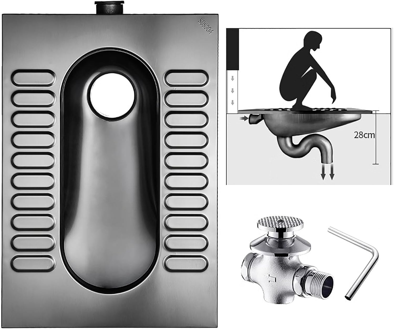 Generic Premium Black 304 Stainless Steel Squat Toilet with Tank, Odorless for Commercial Use,A,C