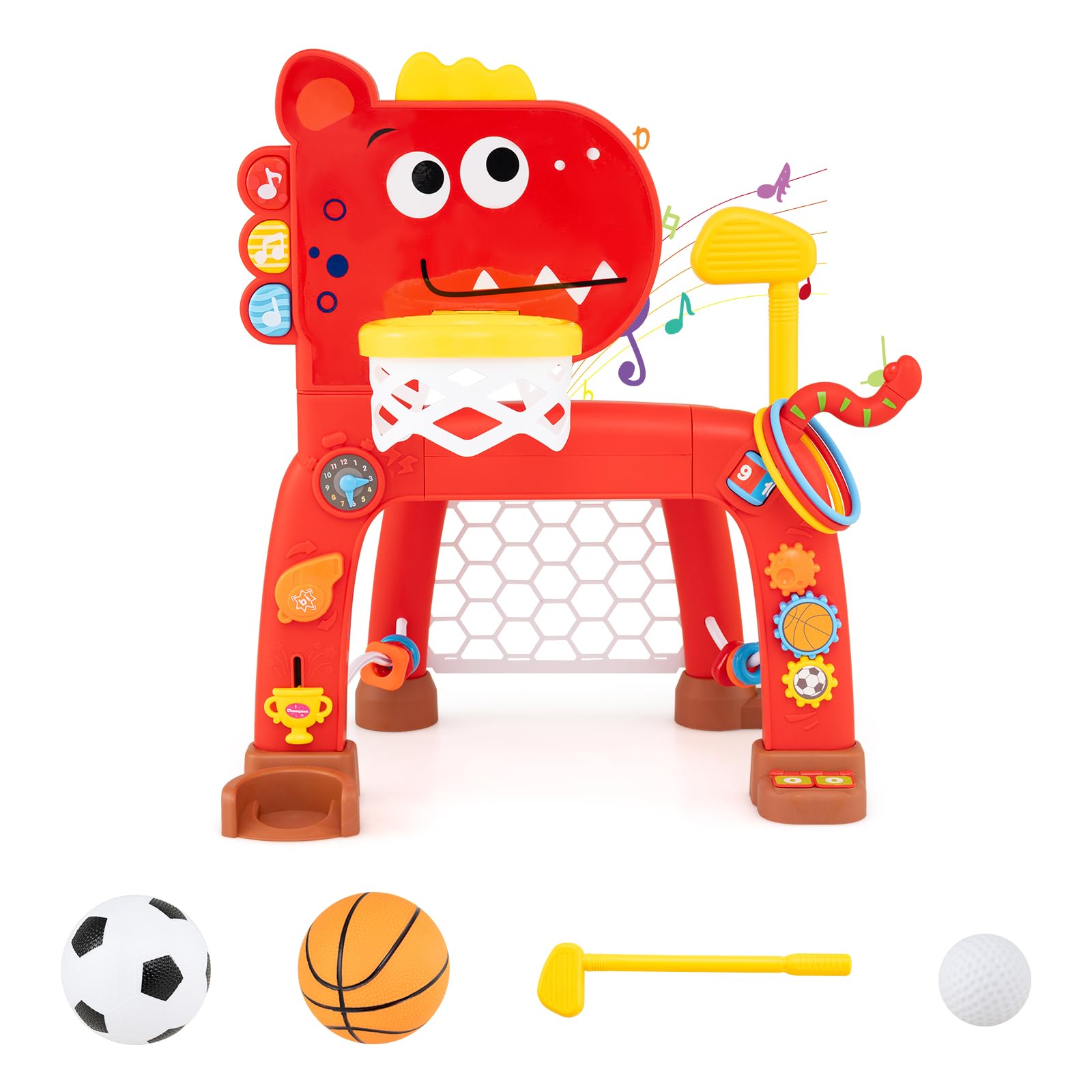COSTWAY 4-in-1 Kids Basketball Stand with Golf, Soccer Ball (Red)
