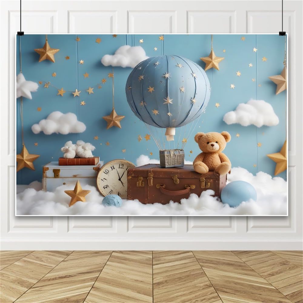 Leowefowa Hot Air Balloon Shower Backdrop for Photography 7x5ft Bear Baby Blue Wall Cloud Star Baby Shower Banner Baby Boys Birthday Background