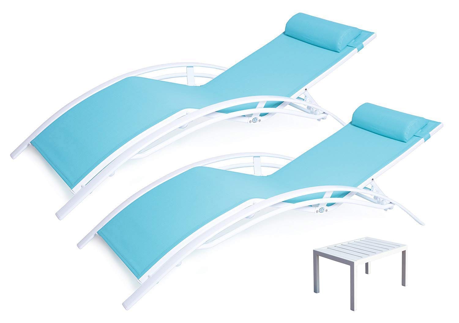 Kozyard KozyLounge Elegant Patio Reclining Adjustable Chaise Lounge Aluminum and Textilene Sunbathing Chair for All Weather with headrest (2 Pack), KD,Very Light, (Blue W/Table)