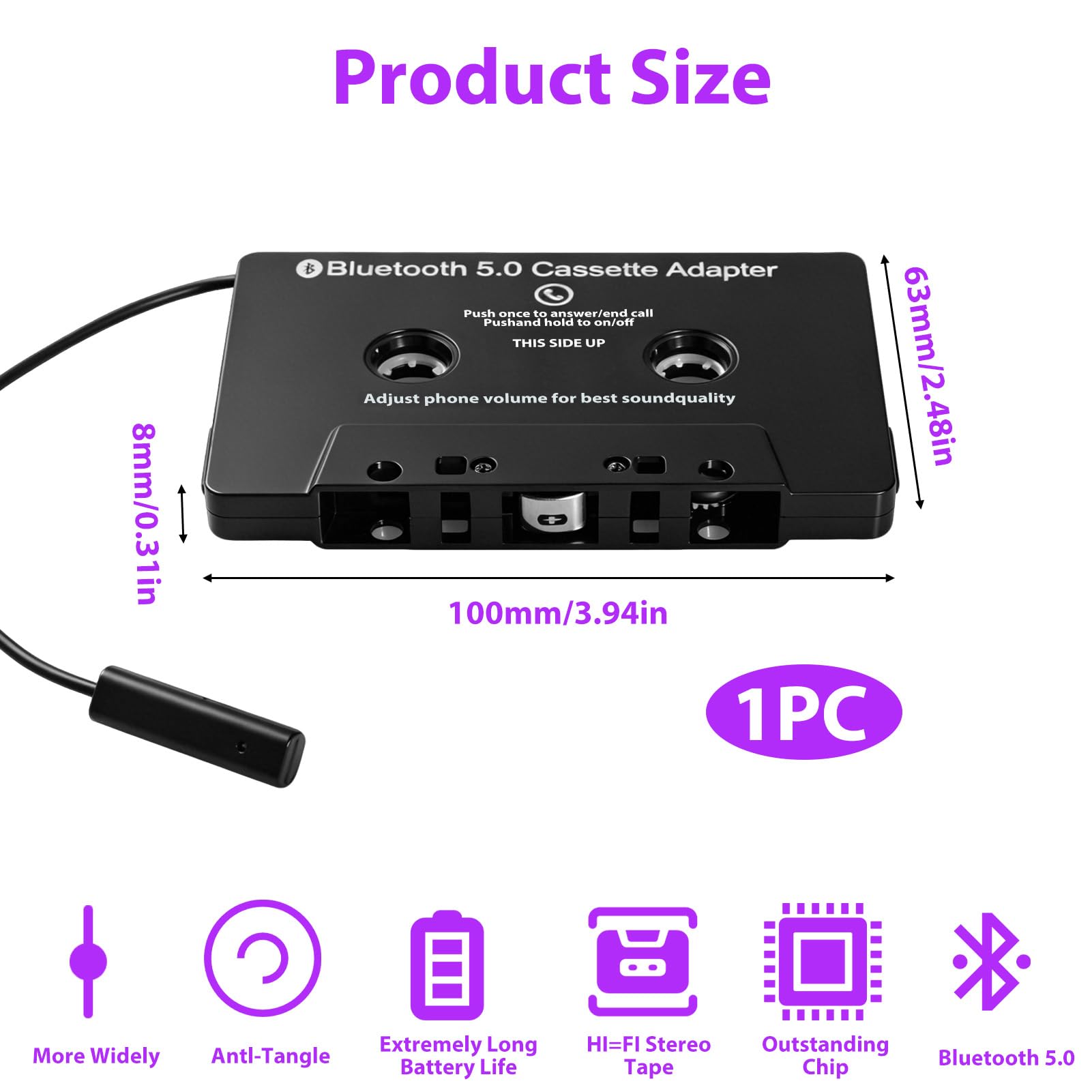 Adaptateur Cassette Bluetooth 5.0 pour Voiture, Récepteur Audio sans Fil avec Microphone Intégré pour Appels Mains Libres, Compatible avec Téléphones Portables, Tablettes et Lecteurs MP3