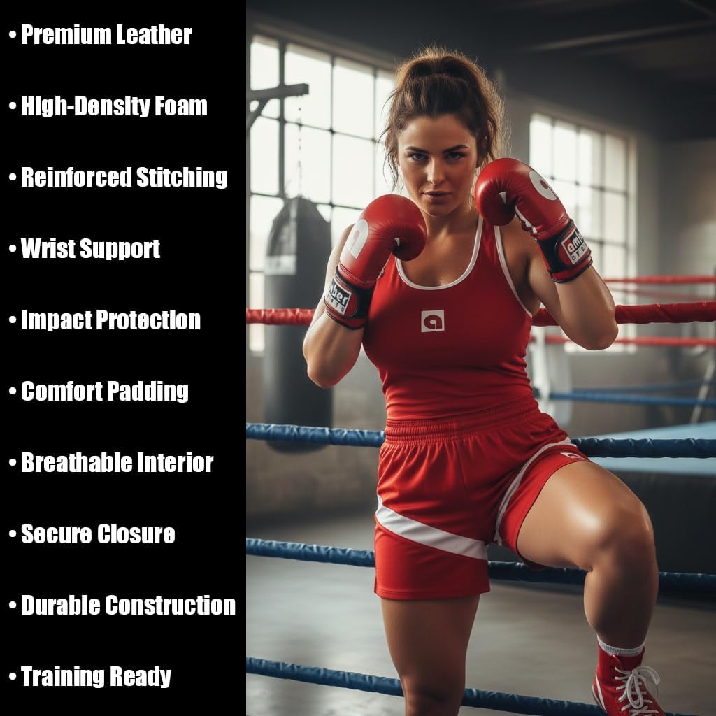 Premium All-Leather Professional Fight Gloves Padded, Pre-Curved, Safety-Focused Design with Layered Foam and Attached Thumb, Stylish Red, 8oz Size for High-Performance Combat