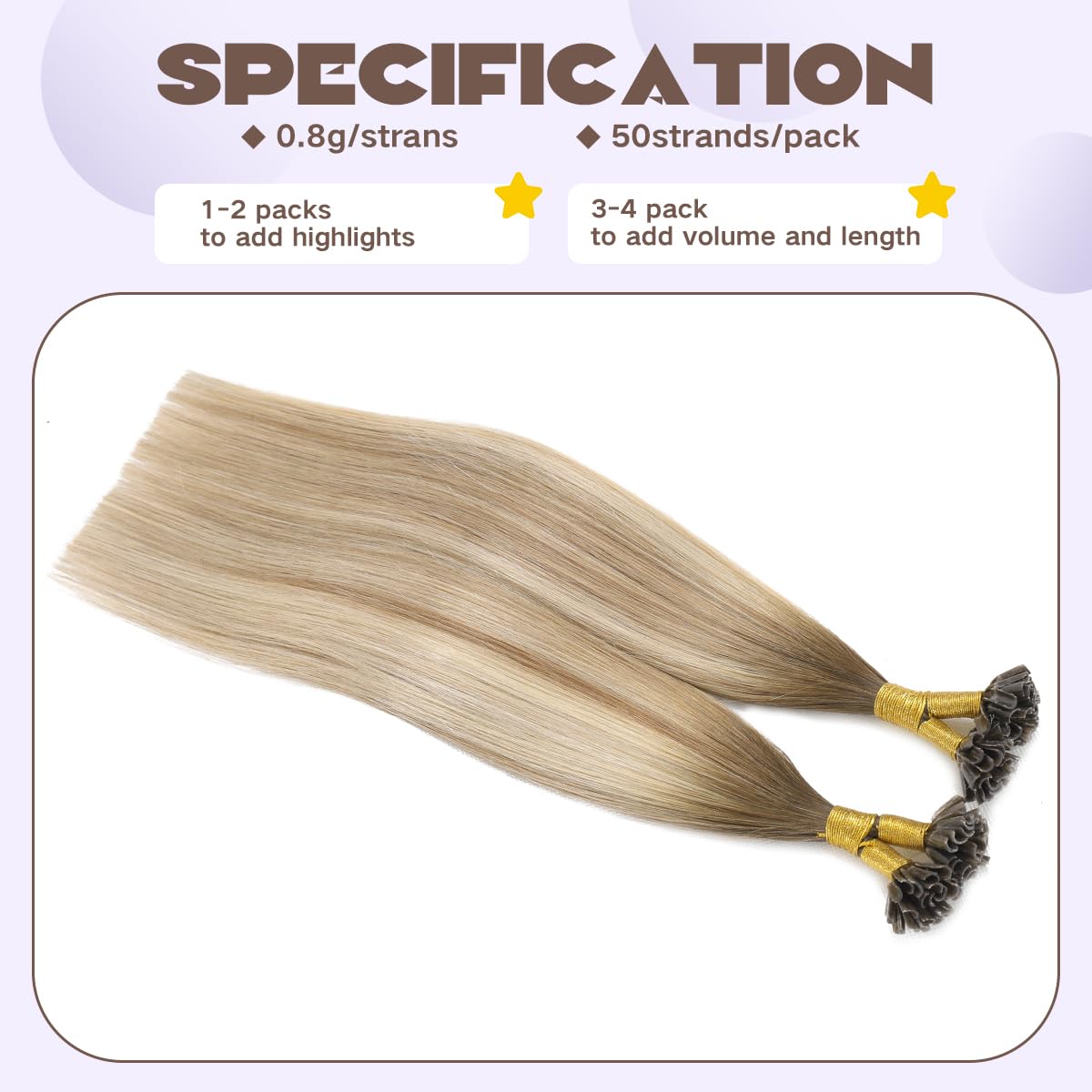 Sindra U Tip Extensions Human Hair 16 Inch 40g Balayage Ombre Walnut Brown to Ash Brown and Blonde Fusion Human Hair Extensions Straight 50 Strands #3/8/22 16inch - Image 4