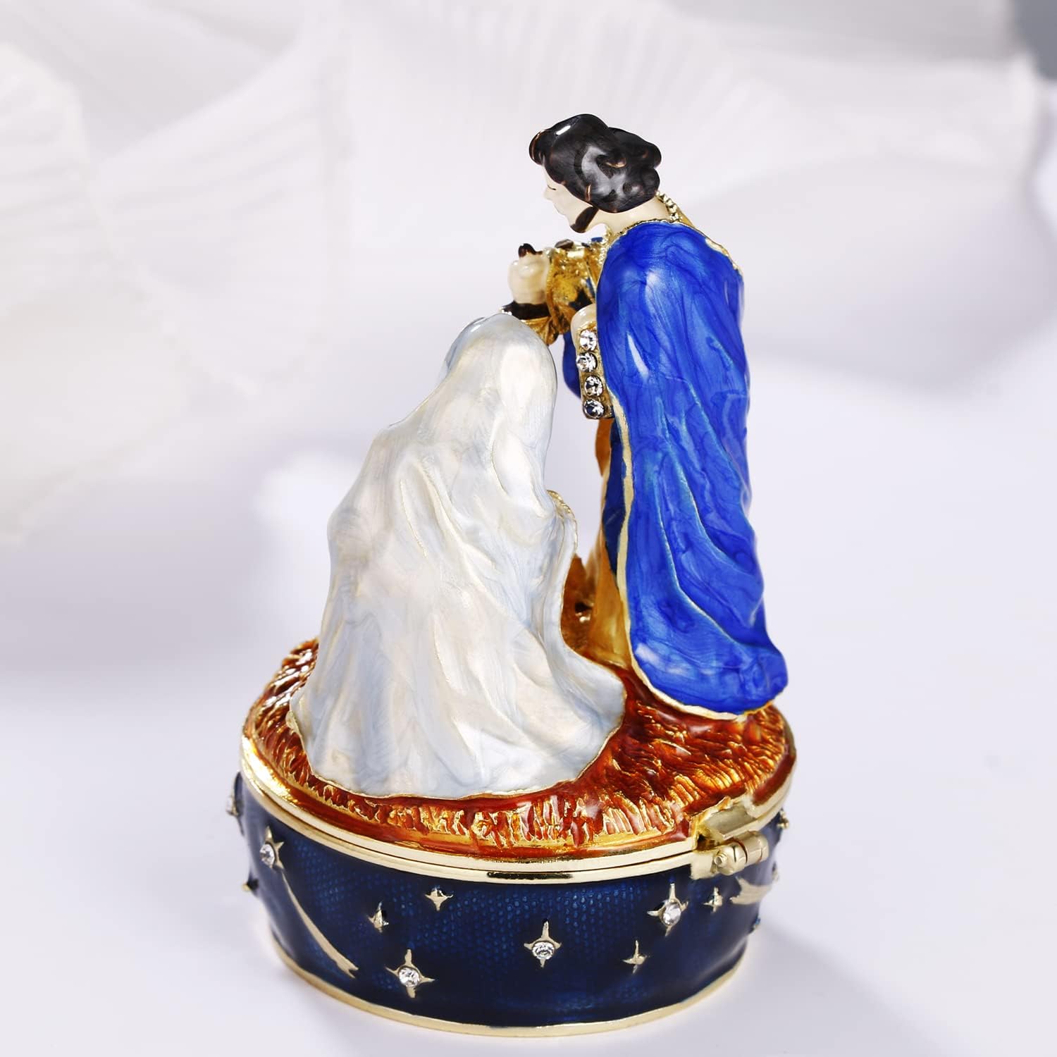 Hand Painted Enamel Christmas Holy Family Trinket Box, Hinged Jewelry Organizer Storage, Unique Home Decor Keepsake Collectible Figurine, Personalized Decoration Ornament Gifts (Blue Holy Family)