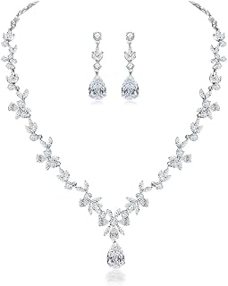 Hochzeit Schmuckset für Damen, Halskette & Ohrringe & Armband Set, Blumen Braut Schmuck Set mit 5A Weiß Zirkonia, Allergenfrei Hochzeitsschmuck für Braut Brautjungfern