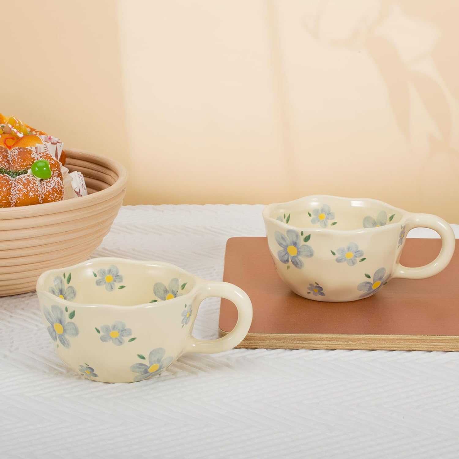 Koythin 2-Pieces Ceramic Coffee Mugs, Creative Cute Flower Cup for Office and Home, 8.5 oz/250 ml Aesthetic Mug for Latte Tea Milk (2 Blue Flower) - Image 7