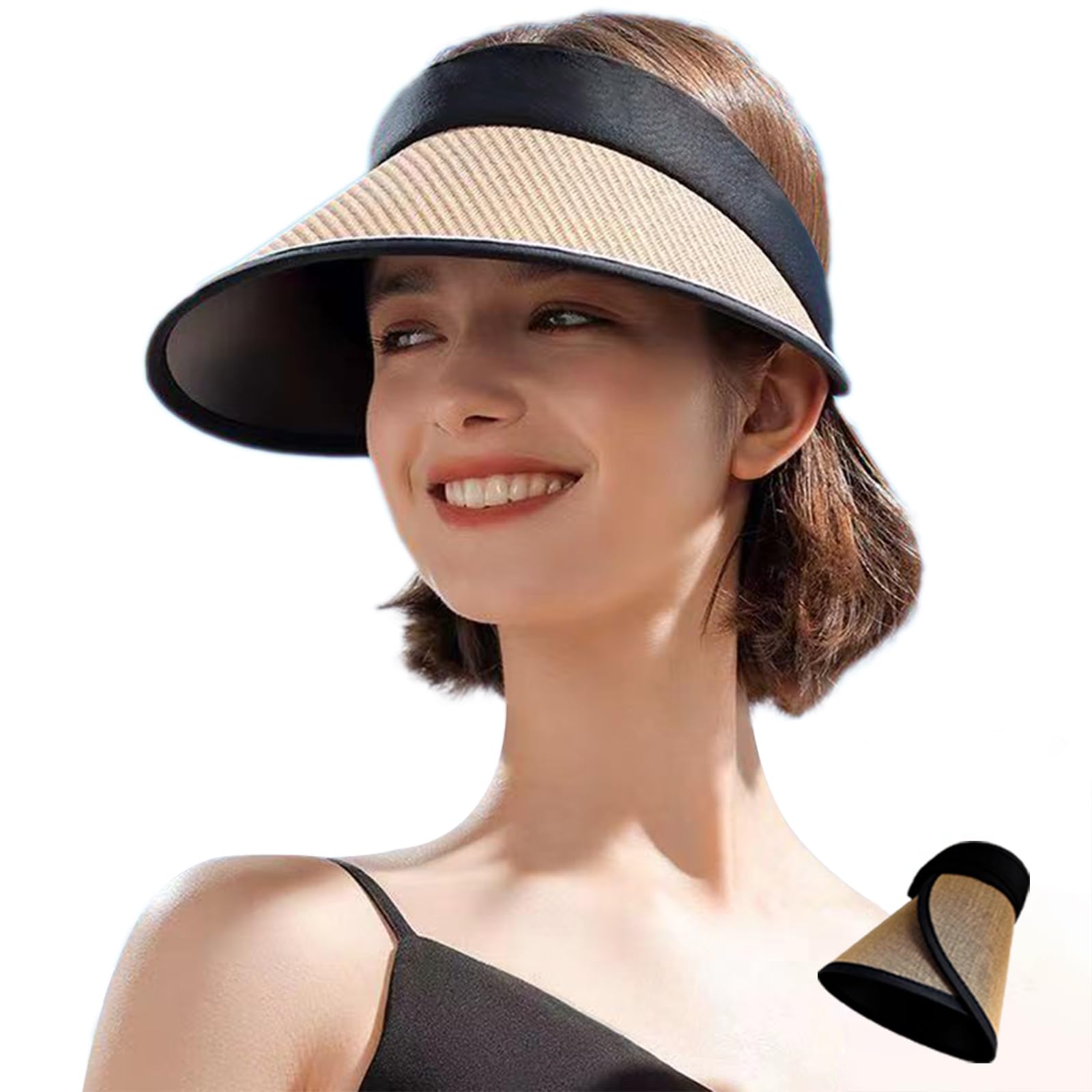 SayWowWomens Sun Hat Straw Wide Brim Visor Foldable with Strap UV Protection for Beach Travel UPF50, Khaki, Khaki, One size