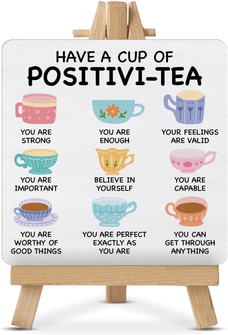 Sarvada Decor Mental Health Sign Self Affirmation Decor Positive Positivi-tea Wood Sign with Easel for School Therapy Office Classroom Desk Shelf Décor-image-38