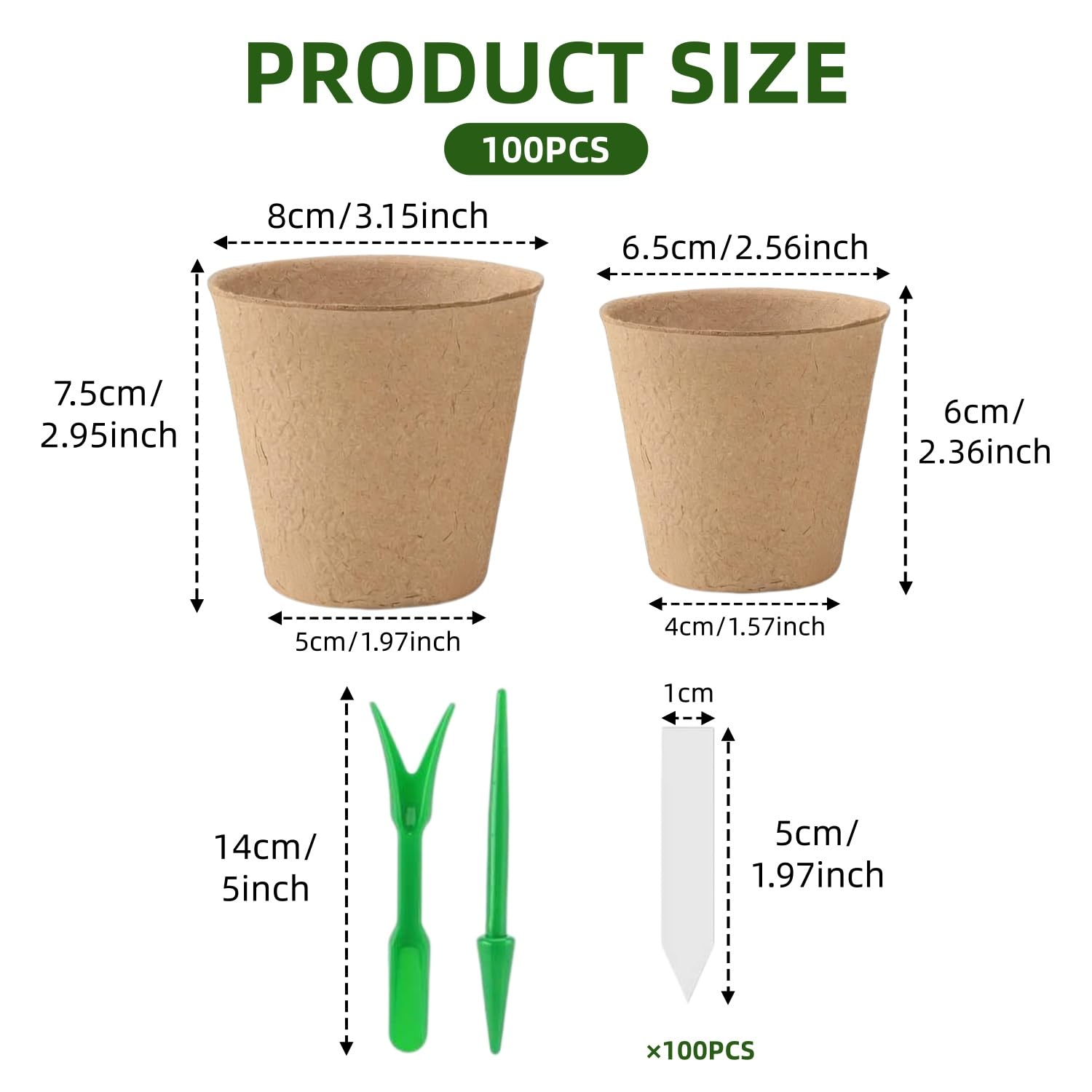 100 Piezas Redondas Macetas biodegradables de 8 cm, Kit de Inicio de Plántulas Biodegradable y Ecológico, Semilleros Germinacion Macetas con 100 Etiquetas de Plantas y 2 Herramientas de Plantación — view 2