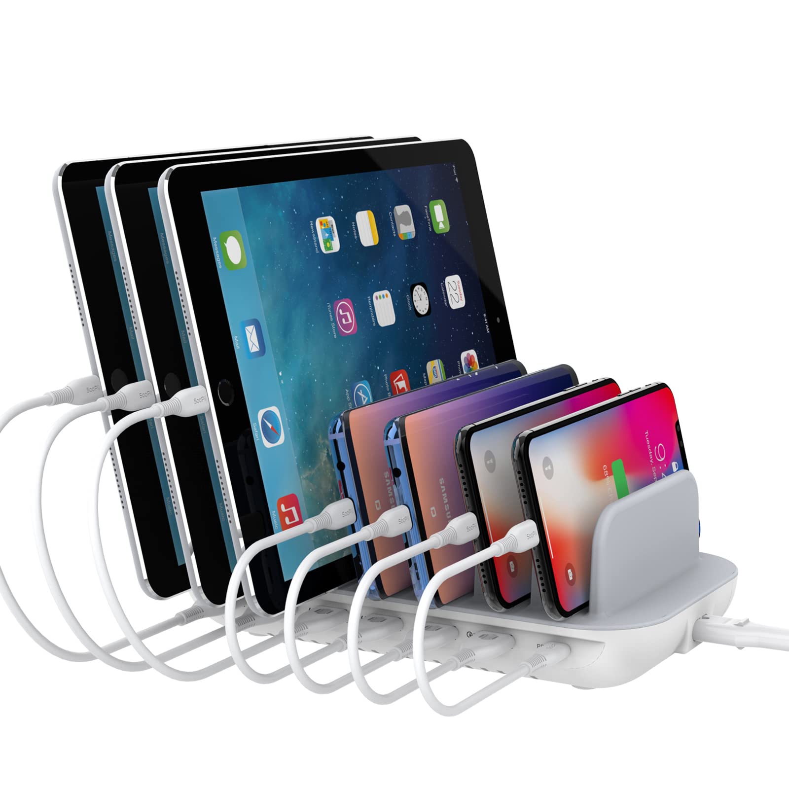SooPii Premium 7-Port USB C Ladestation für mehrere Geräte, 20W PD Schnellladen pro Port für Smartphone und Tablet, 7 gemischte Kabel inklusive