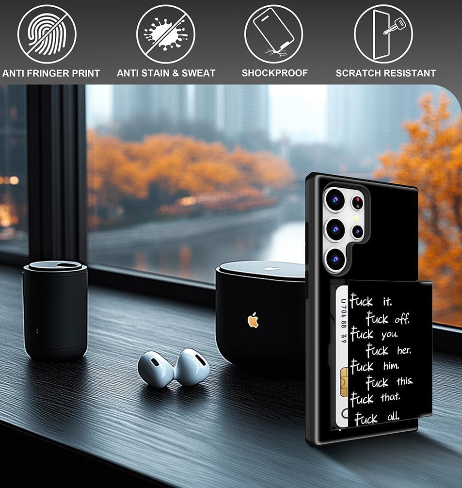 Compatible for Samsung Galaxy S25 Ultra Case with Card Holder Cute - Kawaii Design Military-Grade Drop Protection Rugged Wallet Cases for Women (Black Fuck Sayings Words) - Image 4