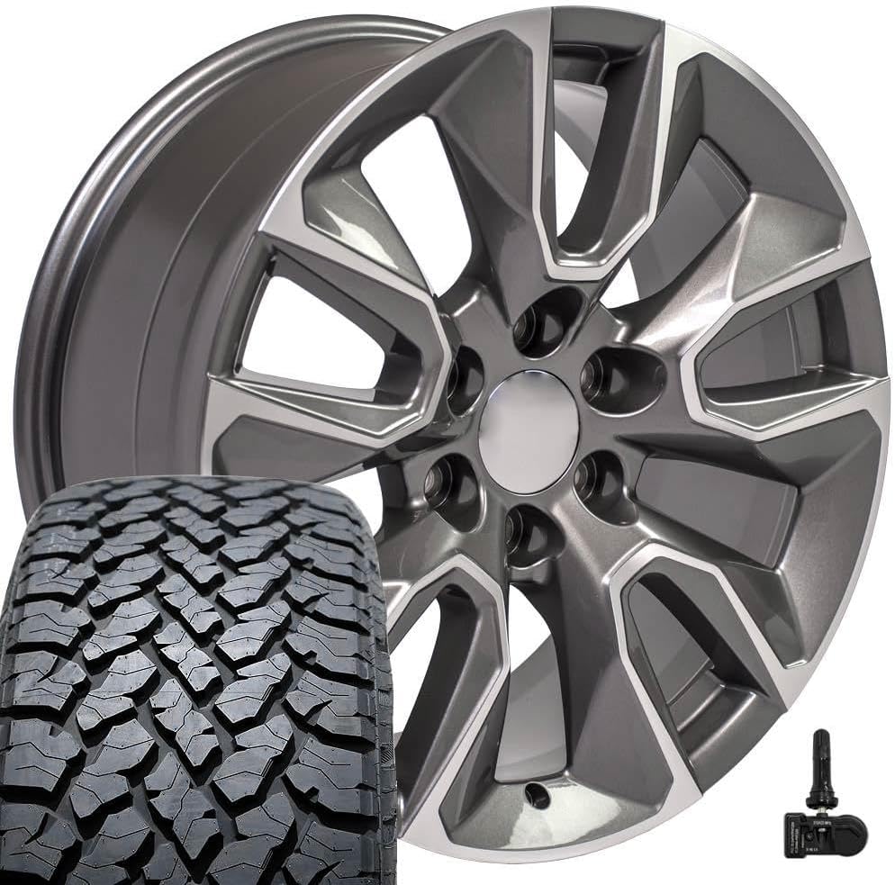 OE Wheels CV32 20 Inch Rims and Tires Fit Silverado 1500 RST Style 6x139.7 20x9 Gloss Gunmetal Machined - Hollander 5916 - TS-37 AT 275/55-20 (Set of 4)