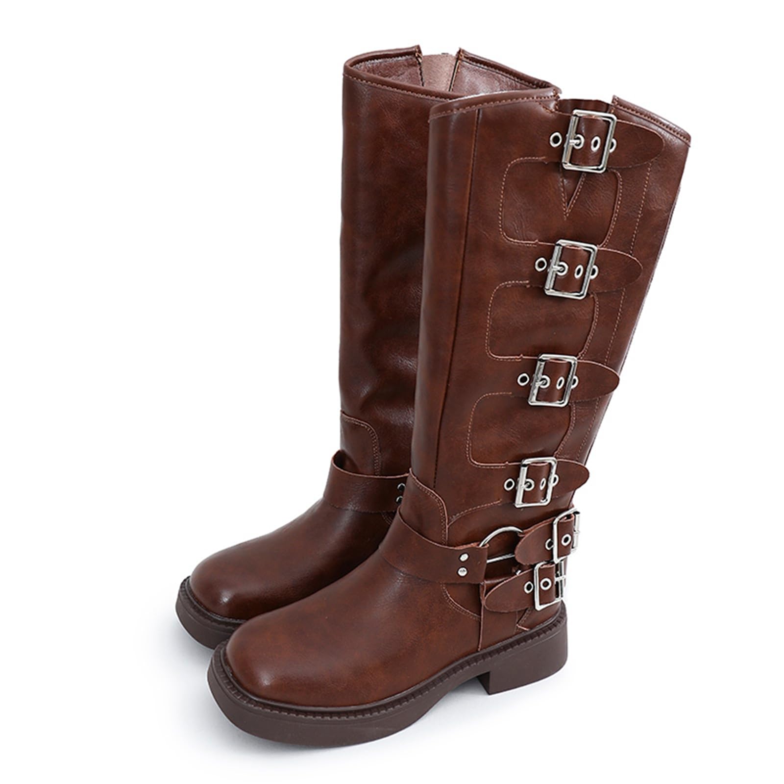 Womens Knee-High Boots Comfortable Square Toe Slip-On Motorcycle Riding Boots Punk Chunky Heels Fashionable Buckle Suitable For Riding