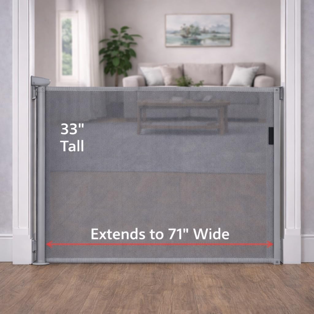 Retractable Mesh Safety Gate, Pets Gate, Baby Gate, 33" Tall, Extends to 55" Wide, for Stairs, Doors, Hallways, Indoor/Outdoor (Grey, 71 Inches)