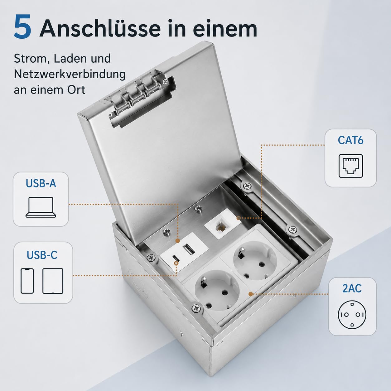 Bodentank Bodensteckdose, Edelstahl-Einbausteckdose, Klappdeckel