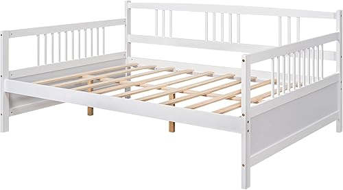 Miniatura 5 de Merax Sofá cama matrimonial con listones de madera, soporte moderno sofá cama con rieles, tamaño matrimonial, blanco marfil