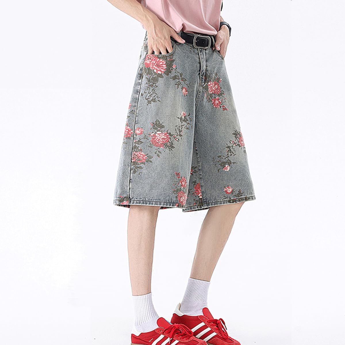 ヴィンテージ キュート ハイウエスト ストレートレッグ バミューダショーツ カジュアル ファッション Y2K フラワープリント スト