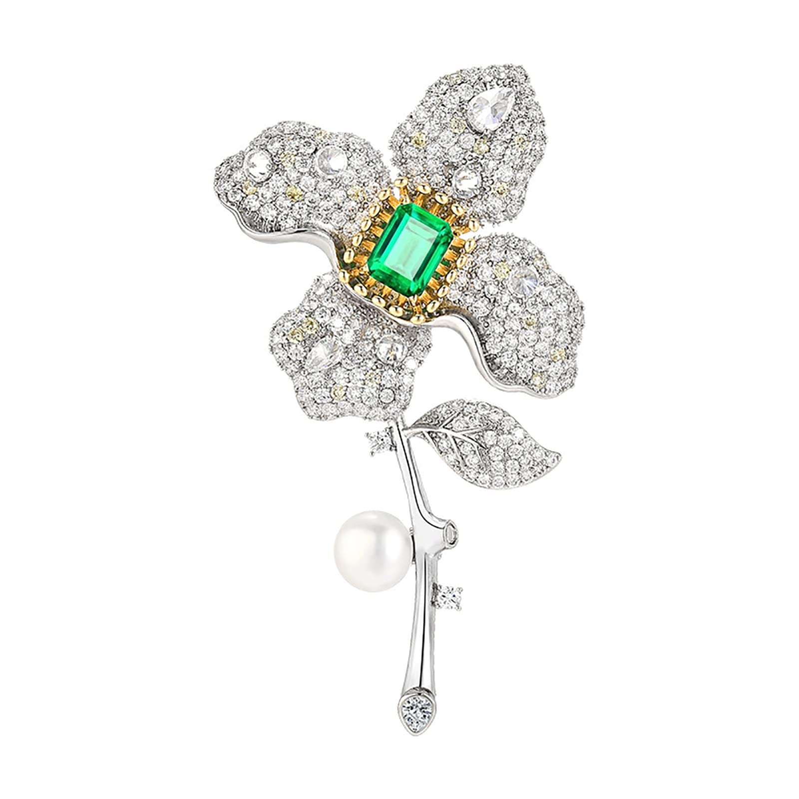 Dreidimensionale Brosche mit vierblättriger Blume und dick vergoldetem Zirkonia für Damen, Anstecknadeln mit Perlen