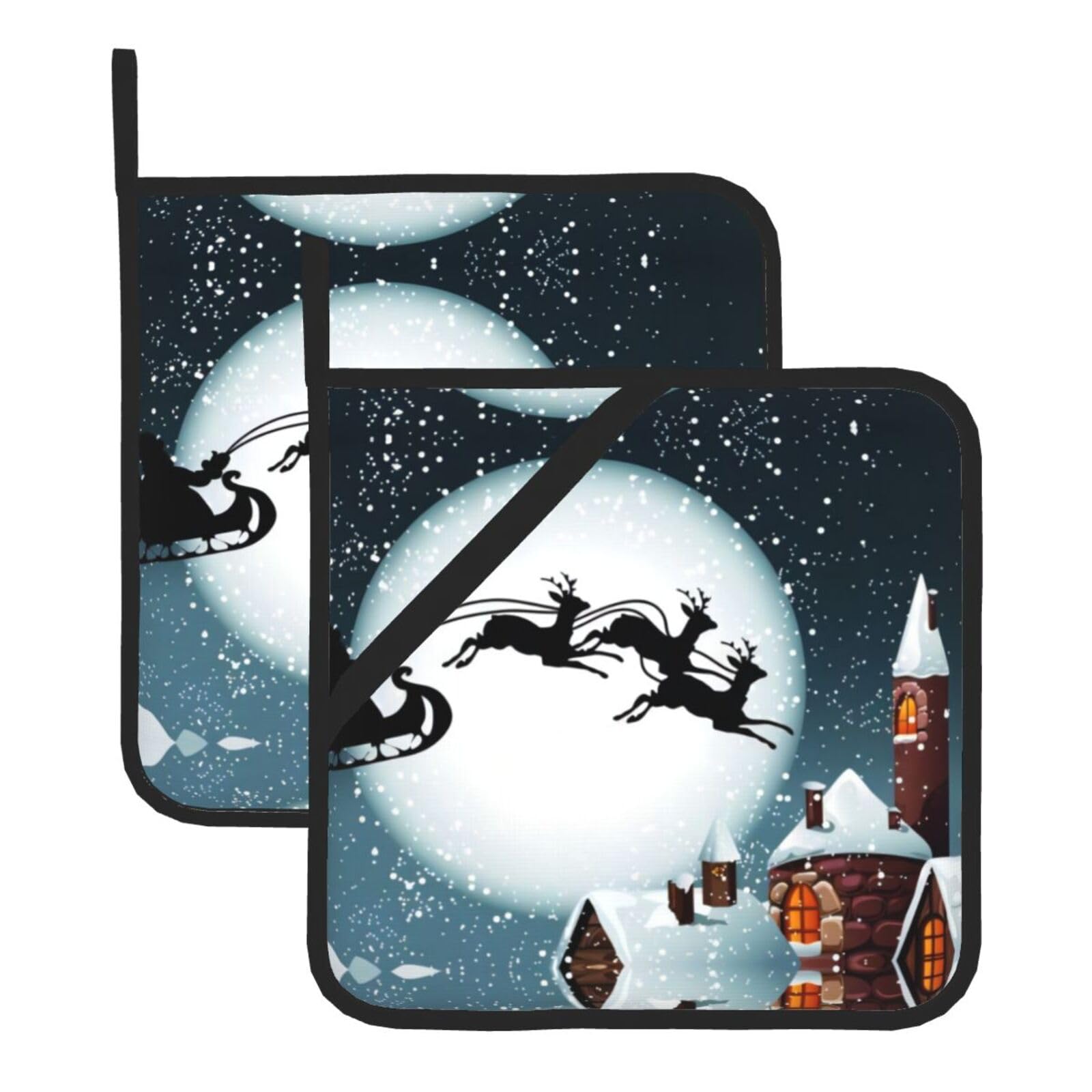 YYHWHJDE Christmas Deer Santa Claus Prints Square Hot Pads for Kitchen Counter - Waterproof Pot Holders with Hanging Loop, Durable Trivets for Microwave Oven - 2 Pack