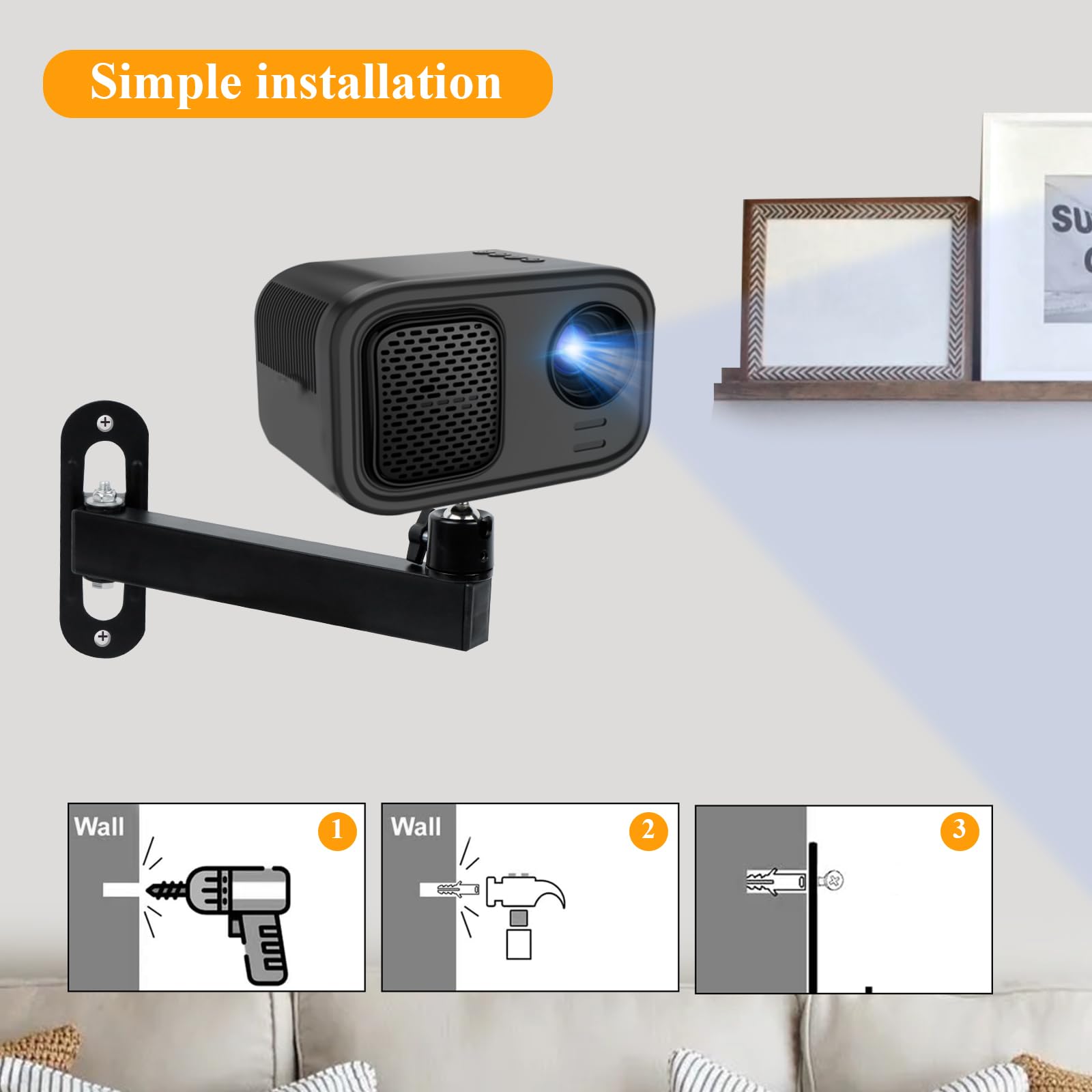 Supporto Per Proiettore A Parete, Supporto Proiettore Regolabile con Rotazione a 360°, Staffa Proiettore in Metallo con Vite da 1/4" per Home Cinema, Ufficio, Sala Giochi