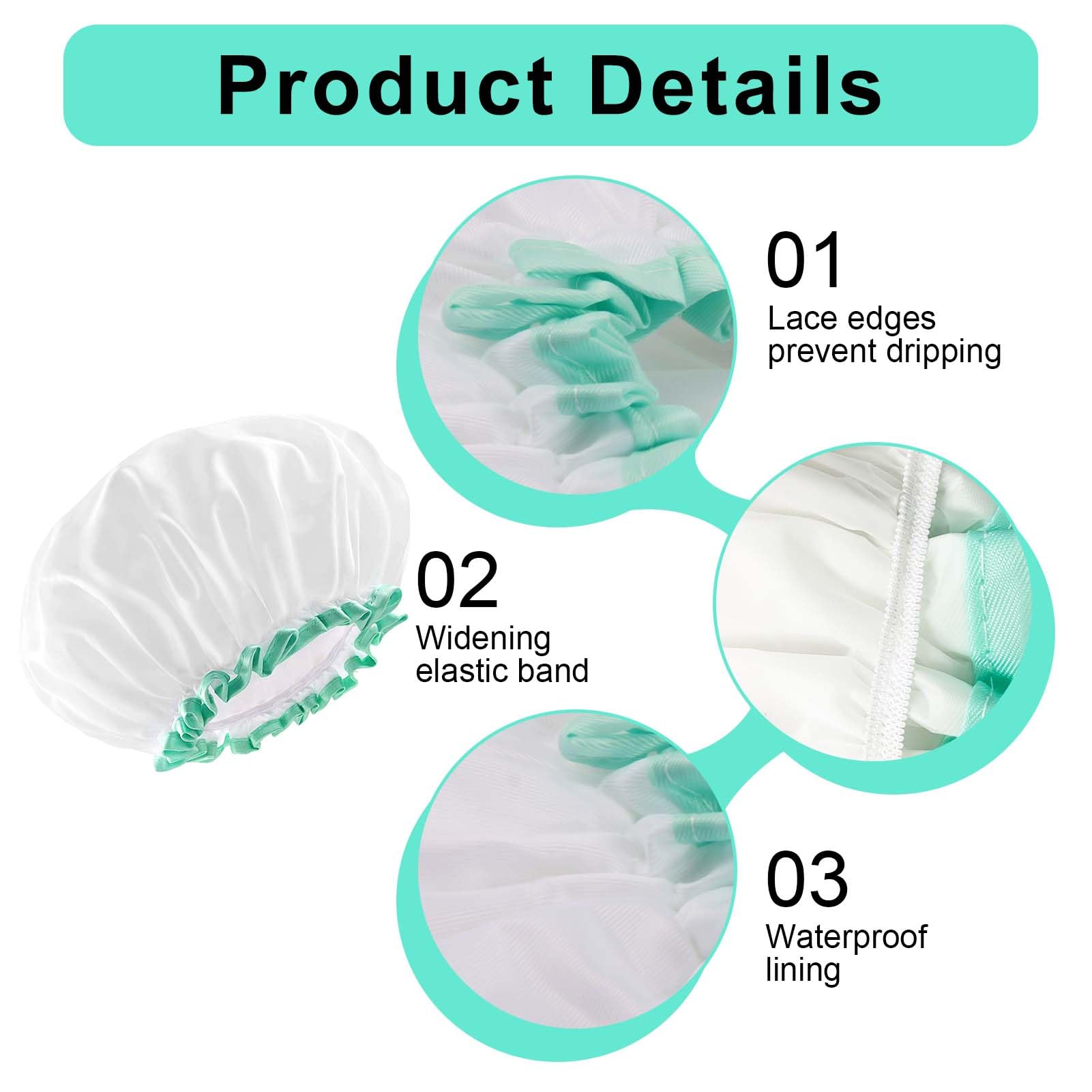 Reusable Waterproof Shower Cap for Women with Long Hair Large 12 Inch Double-Layer Bath Cap with Elastic Band - Image 3