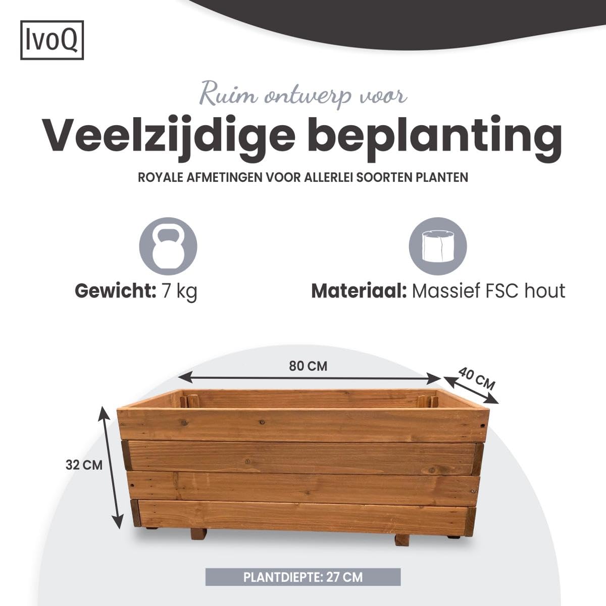 Jardinera de madera 80x40x32 cm – Madera maciza de abeto FSC – Jardinera resistente a la intemperie con drenaje y bolsa no tejida – Plantador duradero para jardín, balcón y terraza