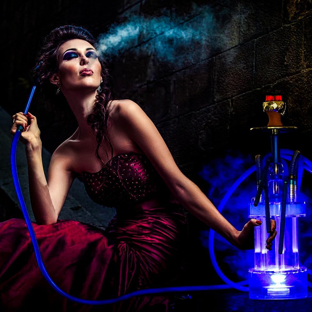 Premium 4-Hose LED Hookah Set with Acrylic Base - Modern Blue Shisha Kit for Home & Party Use | Complete with Bowl, Tongs & Hoses | Foutain Design Shisha Kit