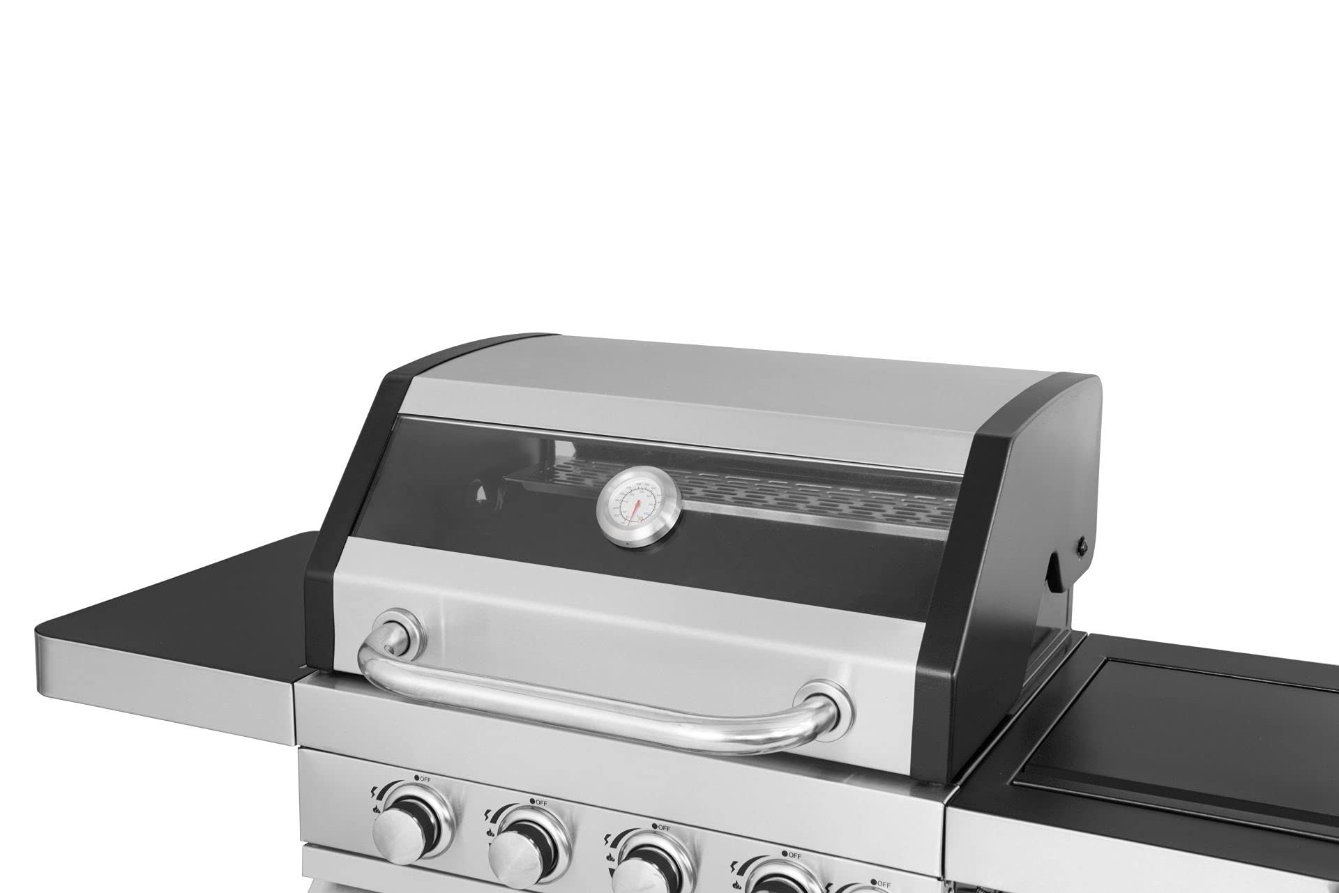 Grill gazowy ze stali nierdzewnej "Sunset Beach" 4 + 1 palnik, ruszt do grillowania i żeliwna płyta grillowa, półka boczna do składania