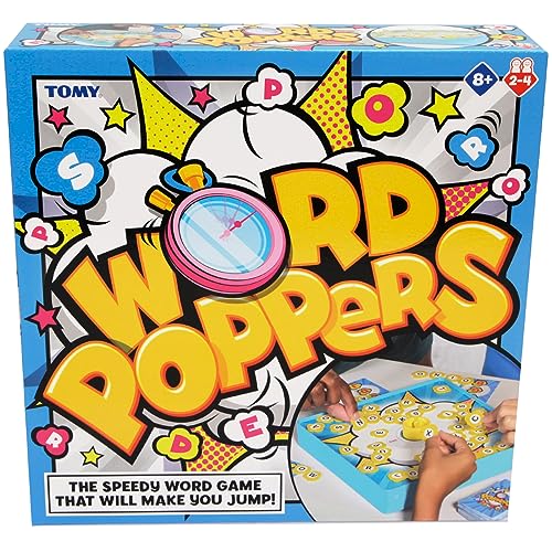 TOMY Games Word Poppers, Race to Make Words Before Timer Board Pops, 2 to 4 player Family Games for Kids and Adults