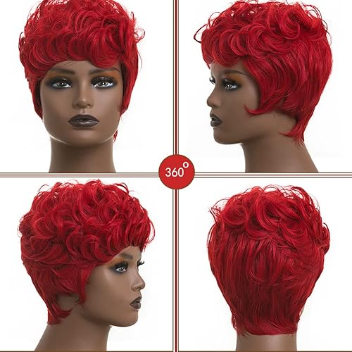 Miniatura 2 de Peluca Pixie Roja para Mujeres Cabello Ondulado Natural Pelucas de Corte Pixie con Flequillo Peluca Pixie Burdeos Roja Corta y Rizada para Mujeres