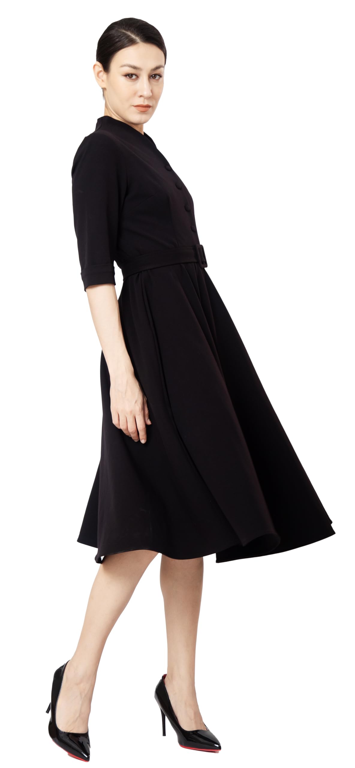 Vestido Midi Fit & Flare Tea con Botones Frontales para Mujer, Ideal para Oficina y Trabajo