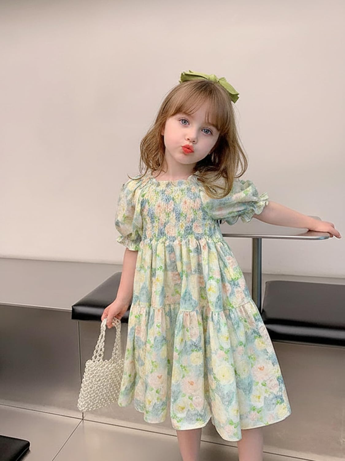 2026 Premium Girls Floral Puff Sleeve Smocked Midi Dress, Pastel Multicolor Print with Tiered Ruffle Hem & Square Neck - Image 2