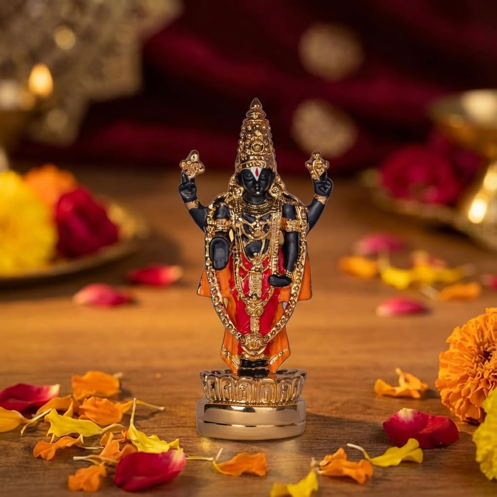 Gold Plated Premium Tirupati Balaji Venkateswara Idol for Car Dashboard, Hindu Home Decor and Gifting - 4.5 Inches (Multicolor)