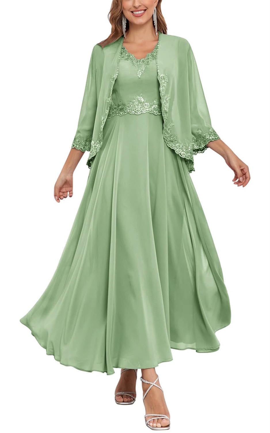 Kurface Women's Sage Green Mother Of Groom Dresses For With Jackets Lace Applique Long Sleeve Mother Of Bride Dress Uk12